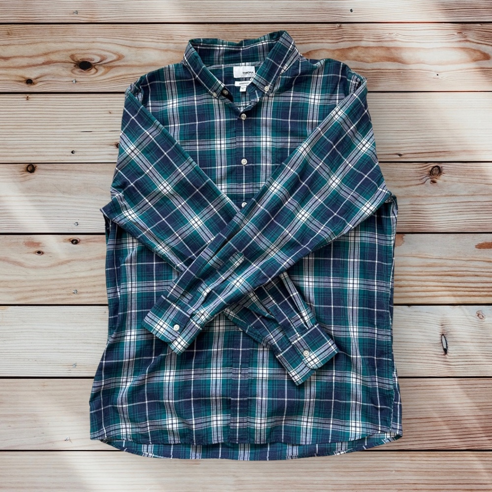 Men's Sonoma XL Long Sleeve Navy/Green/White Plaid Casual Button Down Shirt